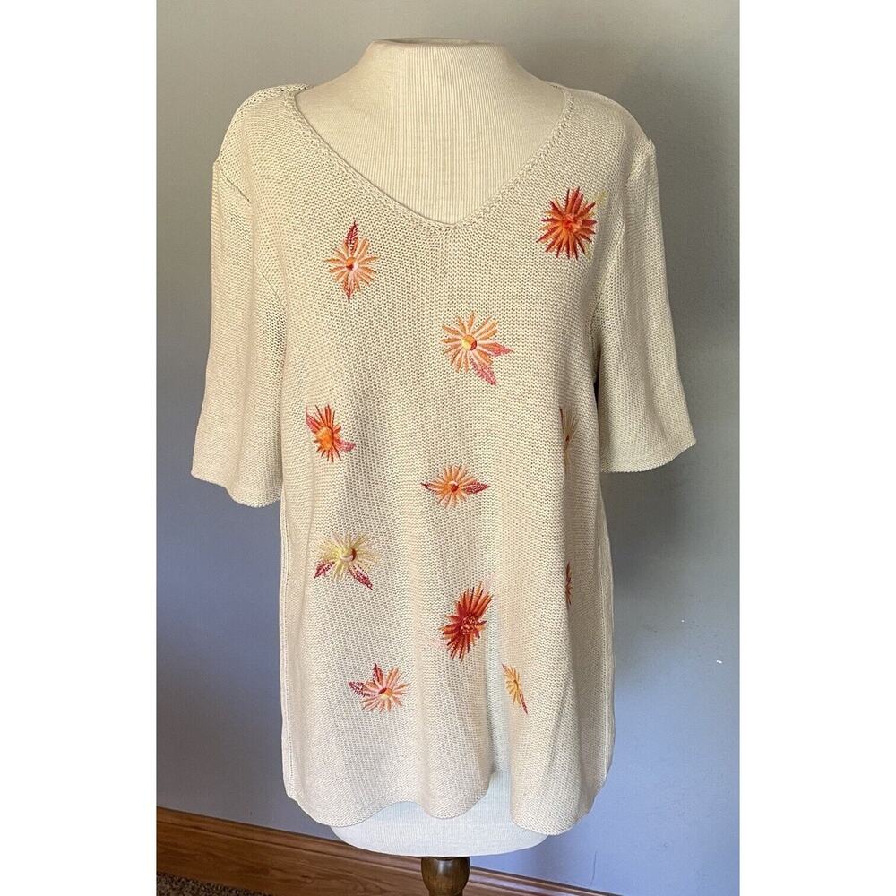 J Jill‎ Sweater Sz Small Beige Embroidered Floral Linen Blend Lightweight Comfy